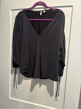 Cato Black V-Neck Draped Blouse with Ruched Sleeves